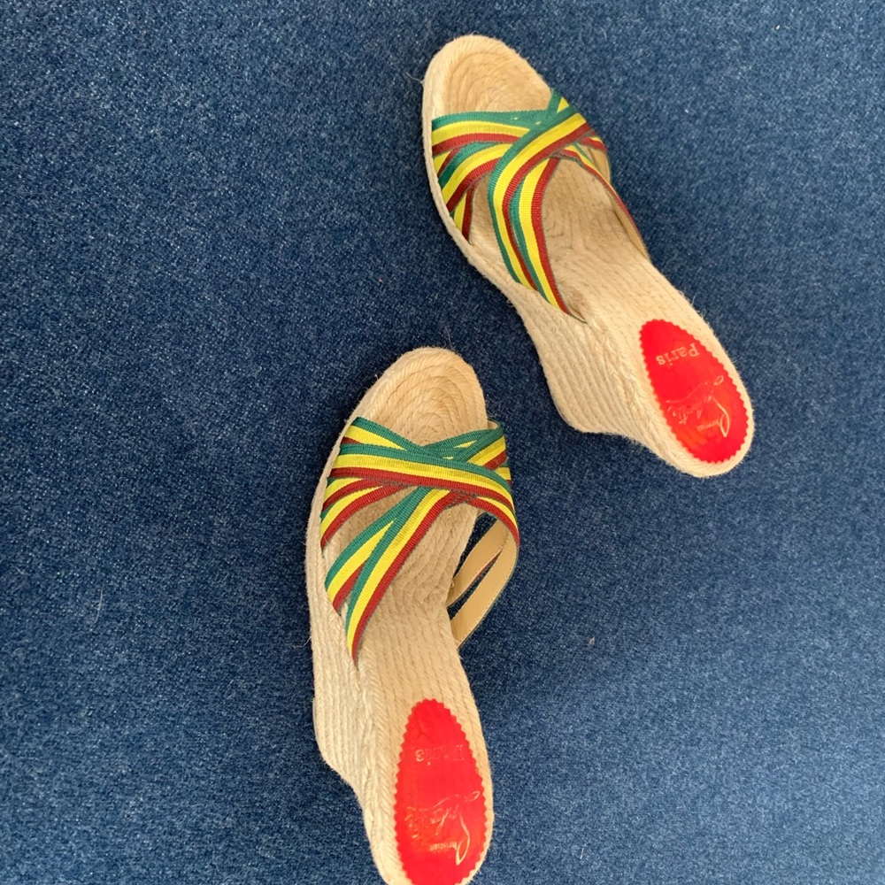 Louboutin Red, Green, and Yellow Espadrilles with Colorful Straps